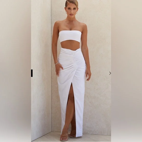 HOUSE OF CB- Jada Maxi Wrap Skirt White Linen Summer Classic Silhouette  Poolside